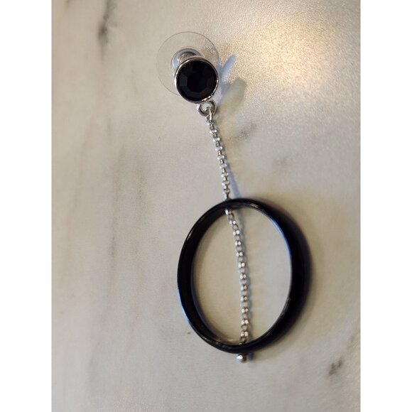 Nine West Silver Tone & Black Circle Drop Earrings With Chain Detail - Picture 4 of 5